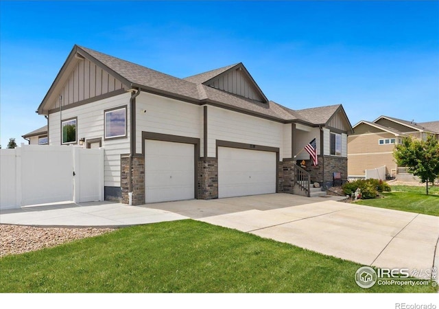 1520 Lake Vista Way, Severance, CO 80550 - craftsman-style house featuring board and batten siding, a garage, driveway, and stone siding