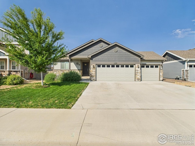 1729 Avery Plaza St, Severance, CO 80550 - craftsman inspired home featuring stone siding, an attached garage, driveway, and a front yard