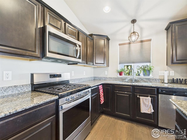 1729 Avery Plaza St, Severance, CO 80550 - kitchen with stainless steel appliances, light wood finished floors, dark brown cabinets, light stone countertops, and recessed lighting