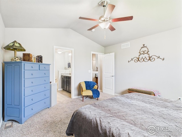 1729 Avery Plaza St, Severance, CO 80550 - bedroom with light carpet, vaulted ceiling, ensuite bath, and a ceiling fan