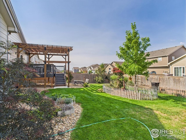 1729 Avery Plaza St, Severance, CO 80550 - fenced backyard with a pergola, a residential view, and a wooden deck