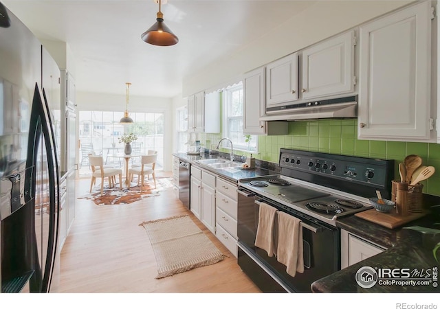 1539 Peterson St, Fort Collins, CO 80524 - kitchen with black appliances, under cabinet range hood, light wood-style floors, and decorative backsplash