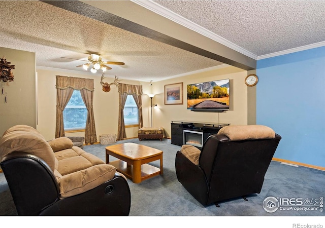 611 Elizabeth Ave, Platteville, CO 80651 - living room featuring carpet floors, a textured ceiling, crown molding, and a ceiling fan