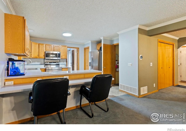 611 Elizabeth Ave, Platteville, CO 80651 - kitchen with appliances with stainless steel finishes, light carpet, light countertops, a textured ceiling, and a peninsula