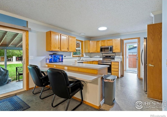 611 Elizabeth Ave, Platteville, CO 80651 - kitchen featuring appliances with stainless steel finishes, crown molding, a peninsula, light countertops, and a breakfast bar area