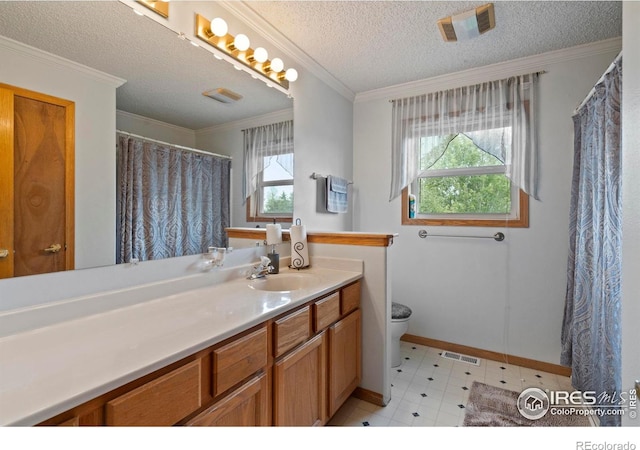 611 Elizabeth Ave, Platteville, CO 80651 - bathroom featuring vanity, a textured ceiling, a shower with curtain, and crown molding