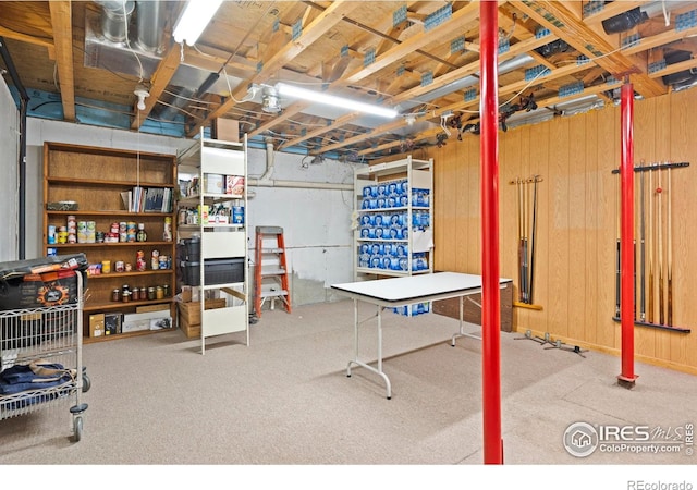 611 Elizabeth Ave, Platteville, CO 80651 - unfinished below grade area featuring carpet flooring and wooden walls