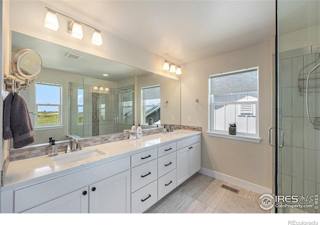 19239 W 88th Dr, Arvada, CO 80007 - bathroom with a shower stall, plenty of natural light, and double vanity