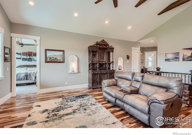 5279 Long Dr, Timnath, CO 80547 - living room featuring a ceiling fan, light wood finished floors, recessed lighting, and high vaulted ceiling