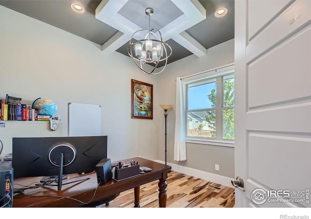 5279 Long Dr, Timnath, CO 80547 - office area with a chandelier, wood finished floors, beam ceiling, recessed lighting, and coffered ceiling