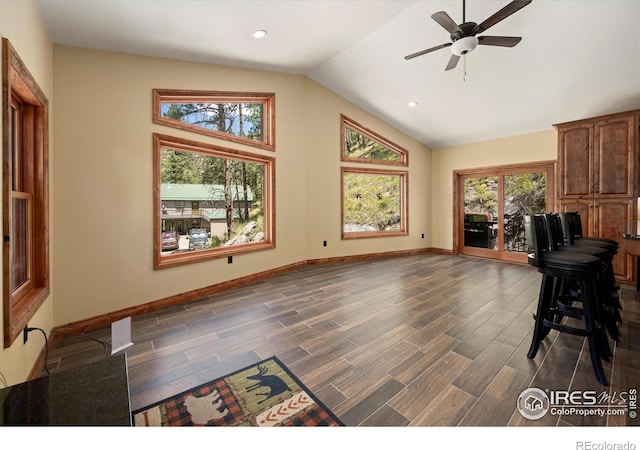 200 Falls Creek Dr, Bellvue, CO 80512 - unfurnished office with a ceiling fan, lofted ceiling, dark wood-type flooring, and recessed lighting