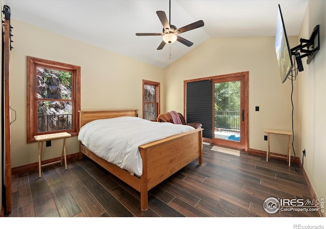 200 Falls Creek Dr, Bellvue, CO 80512 - bedroom with access to outside, lofted ceiling, multiple windows, dark wood finished floors, and ceiling fan