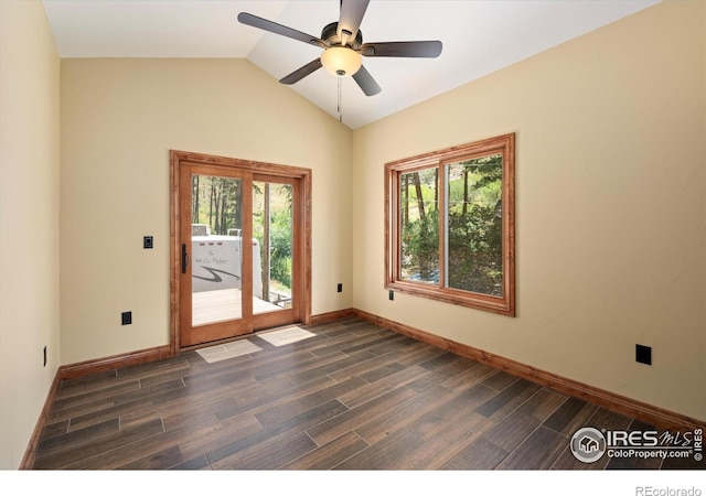 200 Falls Creek Dr, Bellvue, CO 80512 - empty room featuring dark wood-style flooring, vaulted ceiling, and ceiling fan