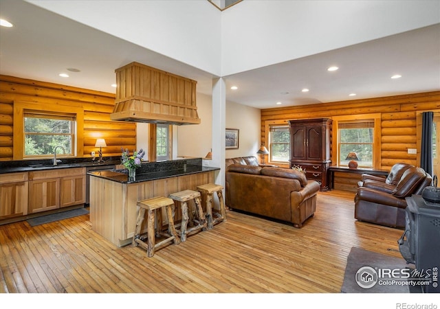 280 Hummer Dr, Nederland, CO 80466 - kitchen with open floor plan, light wood-type flooring, log walls, recessed lighting, and plenty of natural light