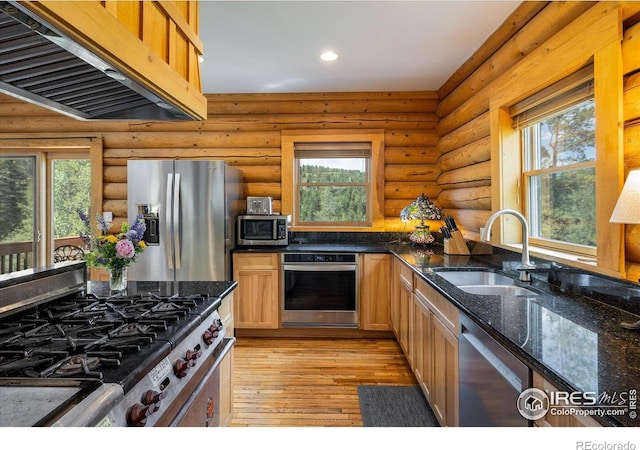 280 Hummer Dr, Nederland, CO 80466 - kitchen featuring appliances with stainless steel finishes, extractor fan, plenty of natural light, light wood-style flooring, and recessed lighting