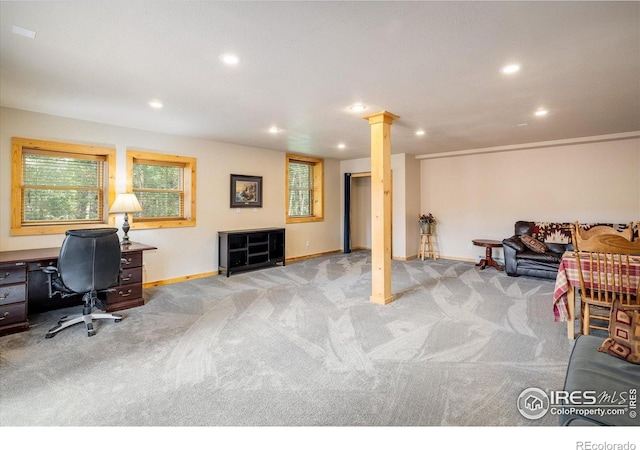 280 Hummer Dr, Nederland, CO 80466 - home office featuring light colored carpet, recessed lighting, and ornate columns