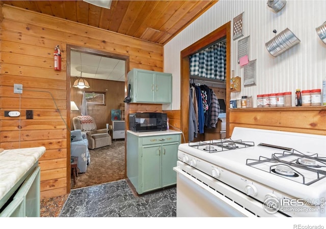 983 Ramona Dr, Red Feather Lakes, CO 80545 - kitchen with white gas range, green cabinets, black microwave, wood walls, and wood ceiling