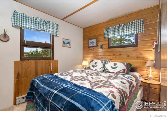 983 Ramona Dr, Red Feather Lakes, CO 80545 - carpeted bedroom featuring wooden walls and a baseboard radiator