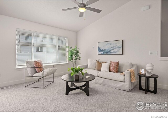 619 Rosedale St, Severance, CO 80550 - carpeted living room with lofted ceiling and a ceiling fan