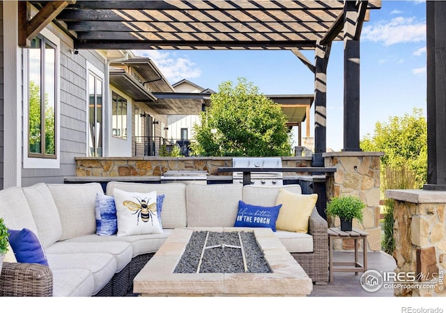 4198 Prestwich Ct, Timnath, CO 80547 - view of patio featuring an outdoor living space with a fire pit, a pergola, and exterior kitchen