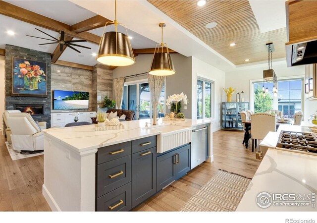 4198 Prestwich Ct, Timnath, CO 80547 - kitchen featuring appliances with stainless steel finishes, open floor plan, light wood-style floors, a fireplace, and light stone countertops