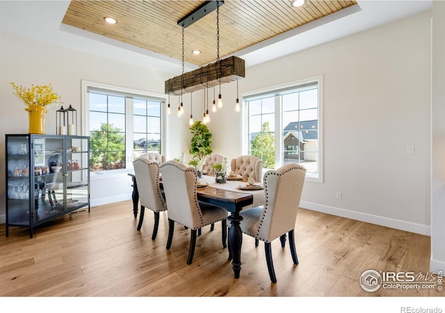 4198 Prestwich Ct, Timnath, CO 80547 - dining area with wooden ceiling, plenty of natural light, a raised ceiling, light wood-style floors, and recessed lighting