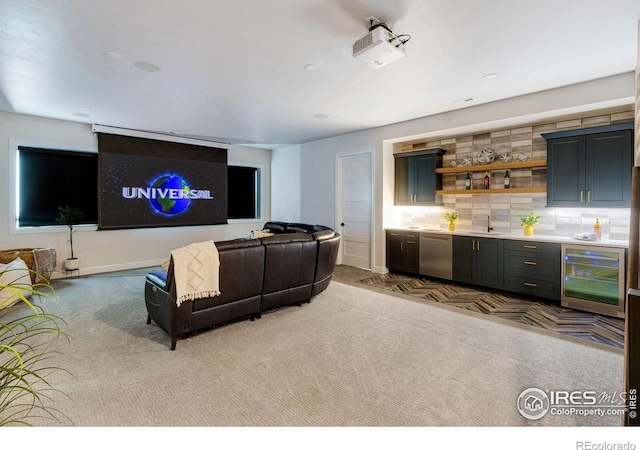 4198 Prestwich Ct, Timnath, CO 80547 - carpeted living room with wine cooler, wet bar, and recessed lighting