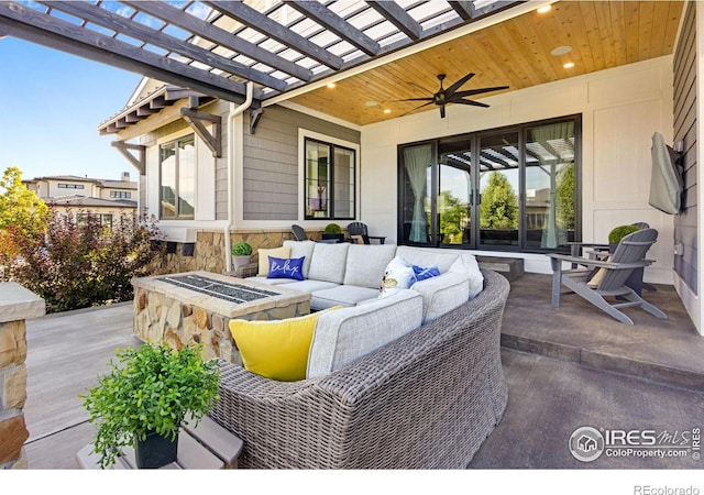 4198 Prestwich Ct, Timnath, CO 80547 - view of patio with an outdoor living space, a ceiling fan, and a pergola