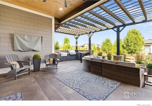 4198 Prestwich Ct, Timnath, CO 80547 - view of patio with exterior kitchen, an outdoor living space, a pergola, and a ceiling fan