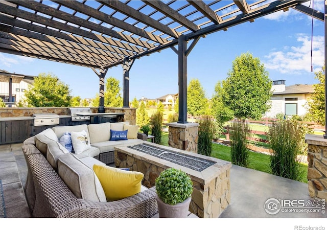 4198 Prestwich Ct, Timnath, CO 80547 - view of patio with an outdoor living space with a fire pit, area for grilling, and a pergola