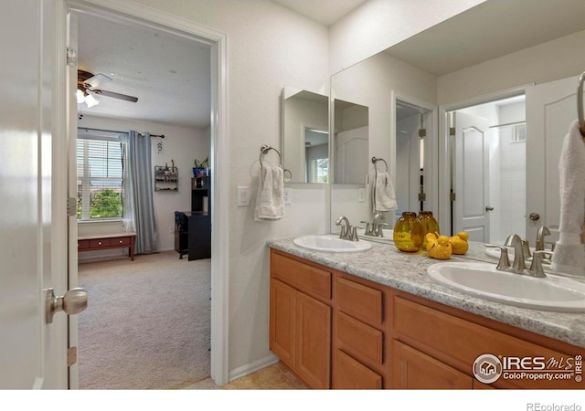833 Carbonate Ln, Erie, CO 80516 - full bath with double vanity and ceiling fan