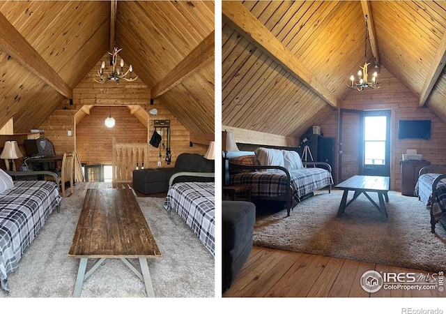 2780 Camel Rock Rd, Red Feather Lakes, CO 80545 - bedroom featuring hardwood / wood-style floors, wooden ceiling, wood walls, and a chandelier