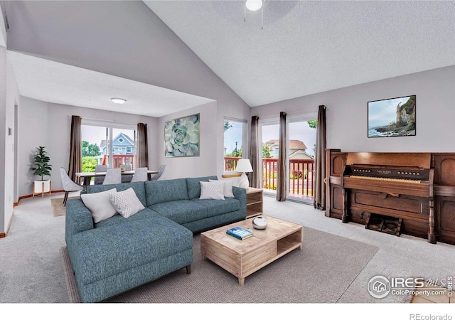 147 Keystone Trl, Broomfield, CO 80020 - carpeted living room featuring a textured ceiling and lofted ceiling