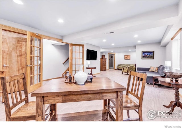 147 Keystone Trl, Broomfield, CO 80020 - dining space with recessed lighting, stairs, light wood-style flooring, and french doors