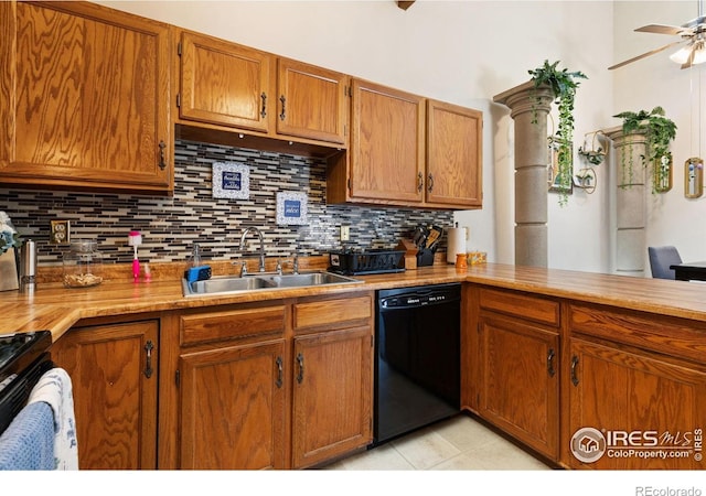 1200-1202 Parker Dr, Longmont, CO 80501 - kitchen featuring black dishwasher, range, tasteful backsplash, ceiling fan, and brown cabinets