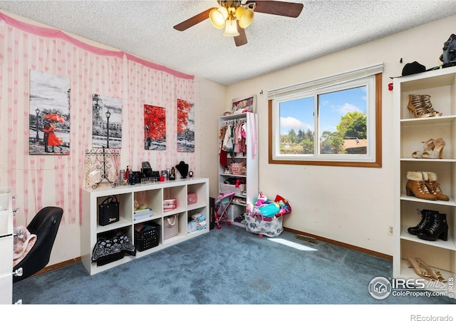 1200-1202 Parker Dr, Longmont, CO 80501 - rec room featuring carpet, a ceiling fan, and a textured ceiling