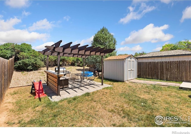 1200-1202 Parker Dr, Longmont, CO 80501 - fenced backyard with a storage unit, a patio, and a pergola
