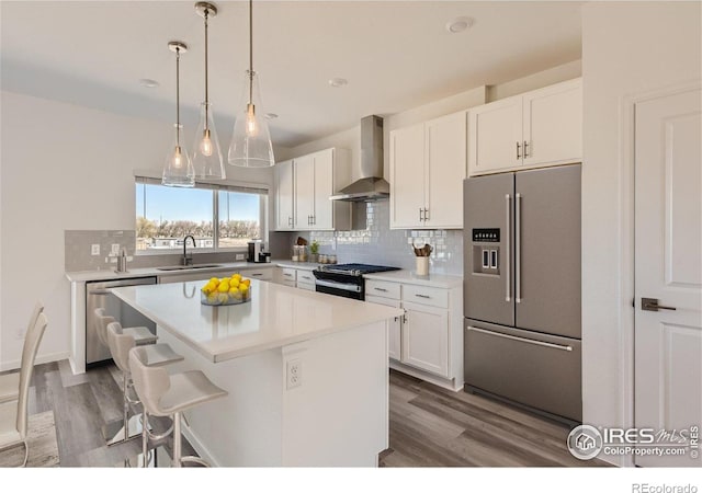 919 Schlagel St Unit 3, Fort Collins, CO 80524 - kitchen featuring appliances with stainless steel finishes, wall chimney exhaust hood, wood finished floors, and backsplash
