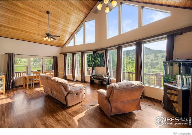 228 Mount Everest Dr, Livermore, CO 80536 - living room with a ceiling fan, high vaulted ceiling, wood ceiling, and wood finished floors