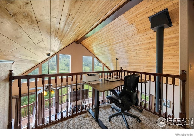 228 Mount Everest Dr, Livermore, CO 80536 - home office with wooden ceiling and carpet flooring