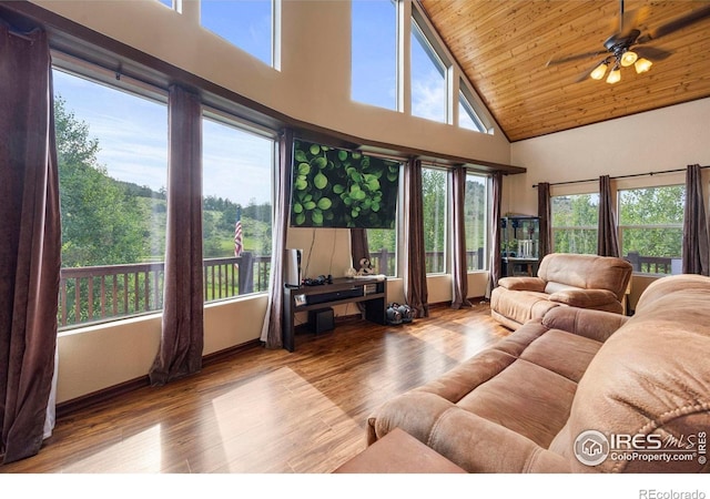 228 Mount Everest Dr, Livermore, CO 80536 - living area featuring healthy amount of natural light, high vaulted ceiling, wood finished floors, wood ceiling, and a ceiling fan