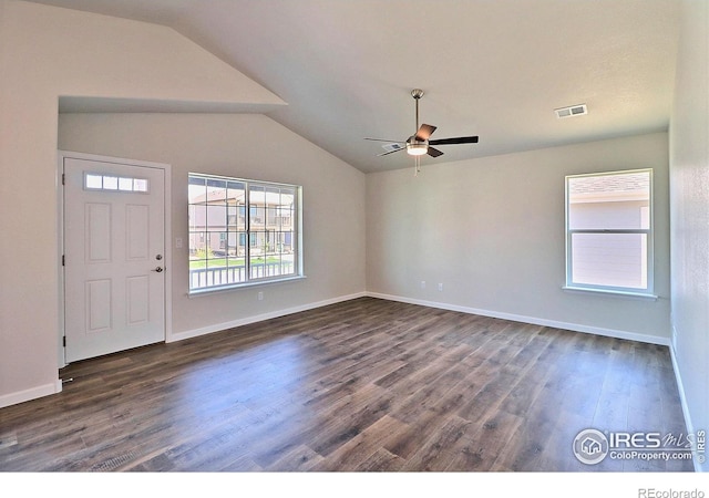 4327 Primrose Ln, Evans, CO 80620 - entrance foyer featuring ceiling fan, lofted ceiling, and dark wood finished floors