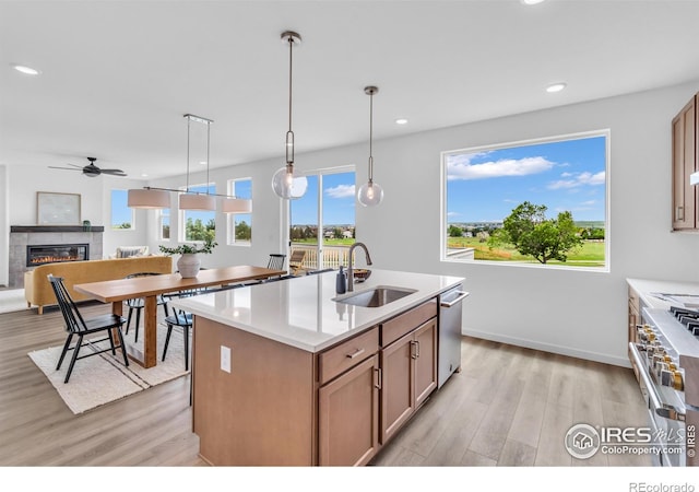 900 Eldorado Ln, Louisville, CO 80027 - kitchen with appliances with stainless steel finishes, light wood finished floors, ceiling fan, a glass covered fireplace, and recessed lighting