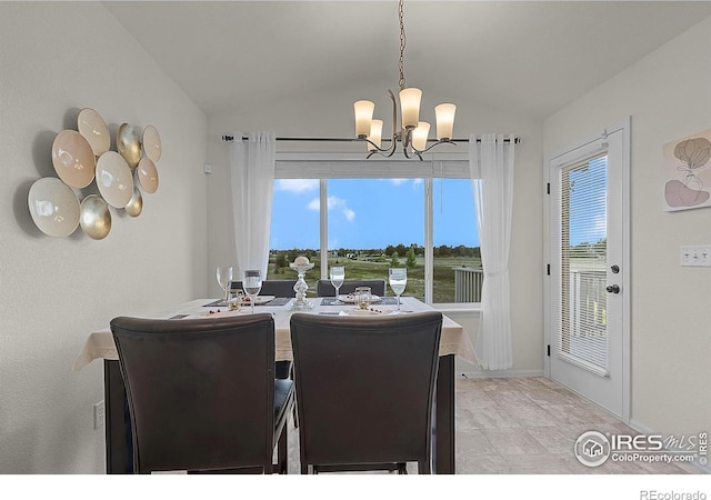 1774 Thrive Dr, Windsor, CO 80550 - dining space with a chandelier, vaulted ceiling, and plenty of natural light