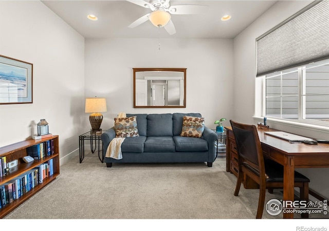 401 Cascade Ct, Johnstown, CO 80534 - carpeted living room featuring a ceiling fan and recessed lighting