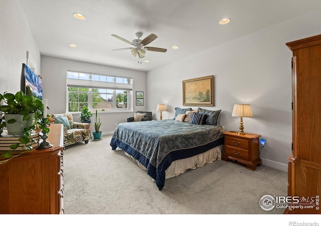 401 Cascade Ct, Johnstown, CO 80534 - bedroom featuring light colored carpet, recessed lighting, and a ceiling fan