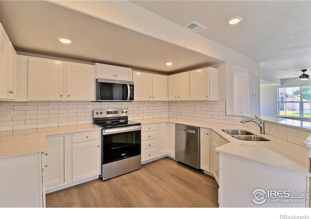 4319 Primrose Ln, Evans, CO 80620 - kitchen featuring stainless steel appliances, a peninsula, light wood finished floors, white cabinets, and ceiling fan