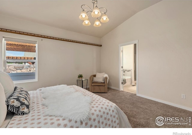 2968 Hydra Dr, Loveland, CO 80537 - bedroom with lofted ceiling, a chandelier, carpet flooring, and ensuite bathroom