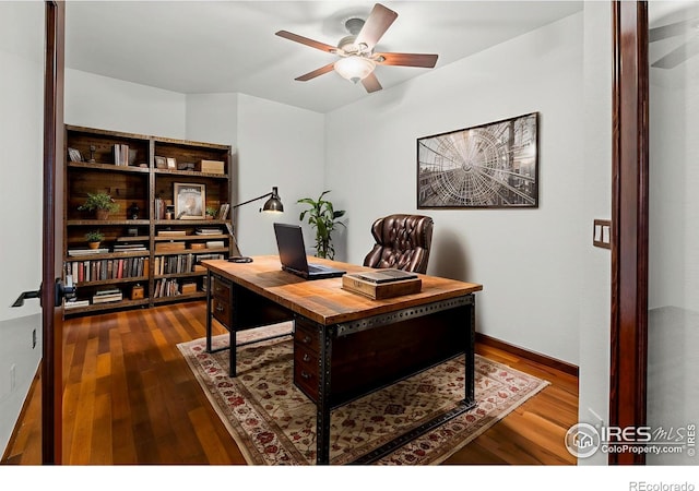 4283 Golf Vista Dr, Loveland, CO 80537 - office area with a ceiling fan and hardwood / wood-style floors