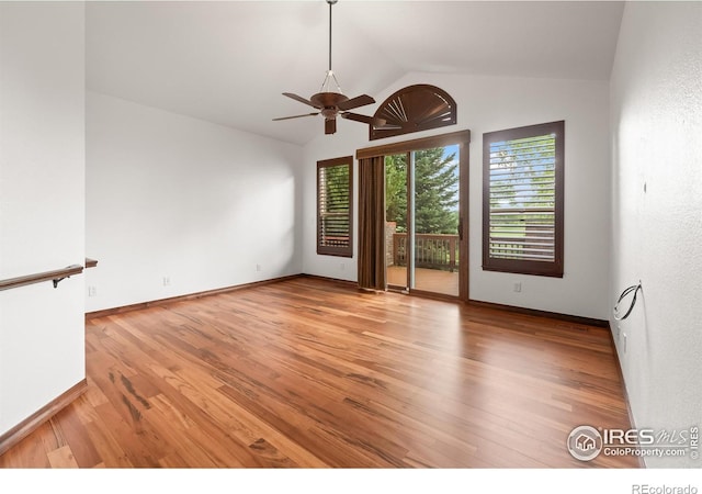 4283 Golf Vista Dr, Loveland, CO 80537 - unfurnished room featuring ceiling fan, lofted ceiling, and light wood-type flooring